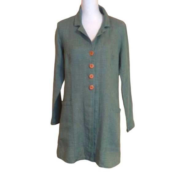 Flax Jackets & Blazers - FLAX Linen Heather Green Blue Tunic Jacket Size 6